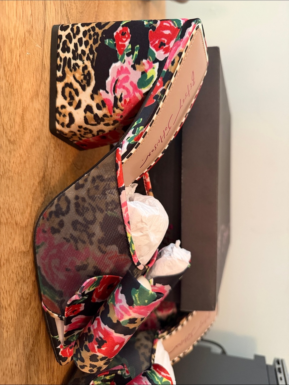 Betsey Johnson Black Floral Leopard Bow Slide Mules - Picture 2 of 5